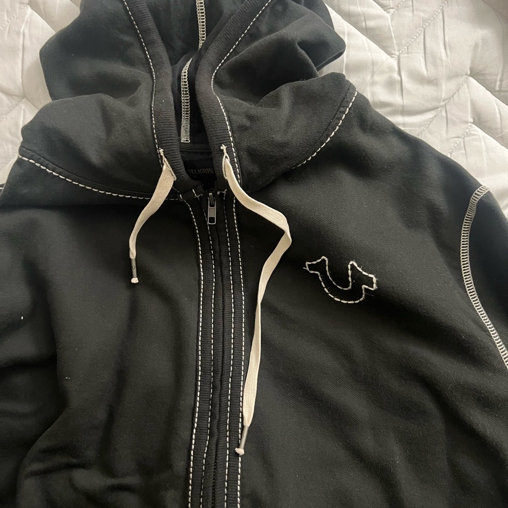 True Religion Black Hoodie with White Stitching